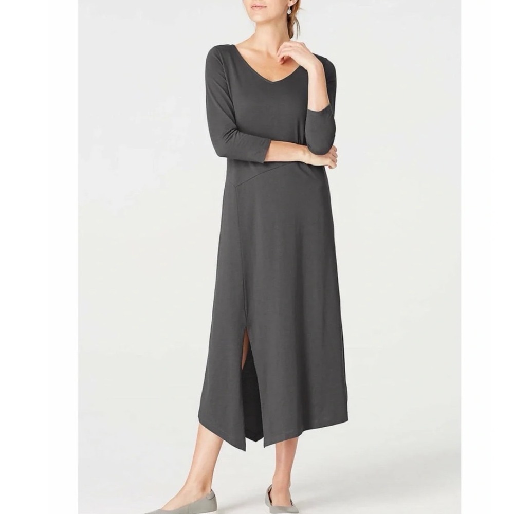 J. Jill Cotton 3/4 Sleeve Gray Midi V-neck T-shirt Dress Women's Size Medium